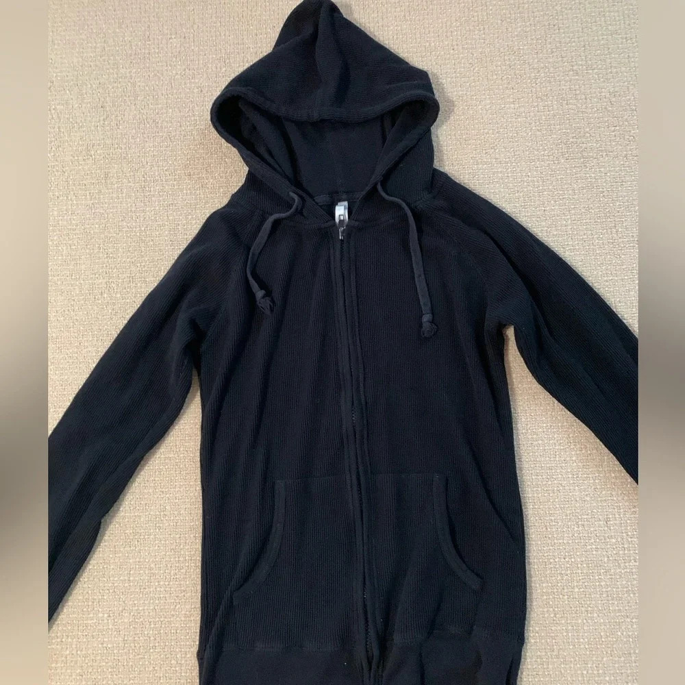 Black Waffle Knit Col Story Zipup Jacket
